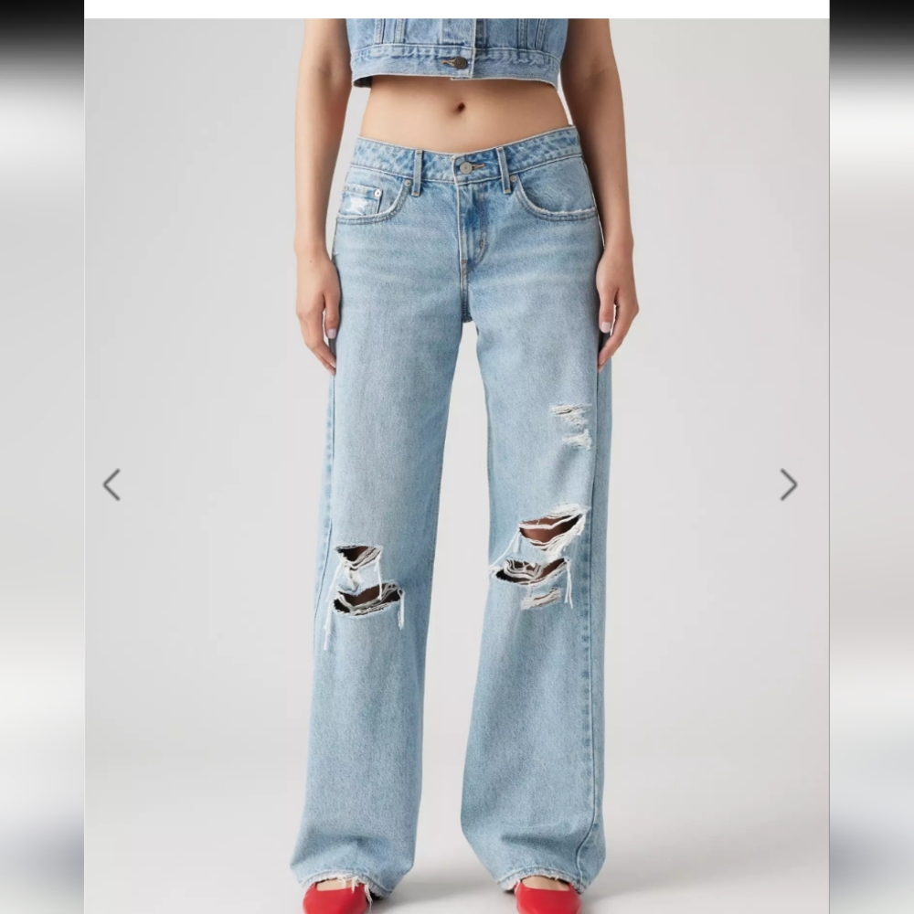 Women's Light Blue Distressed Wide Leg Jeans